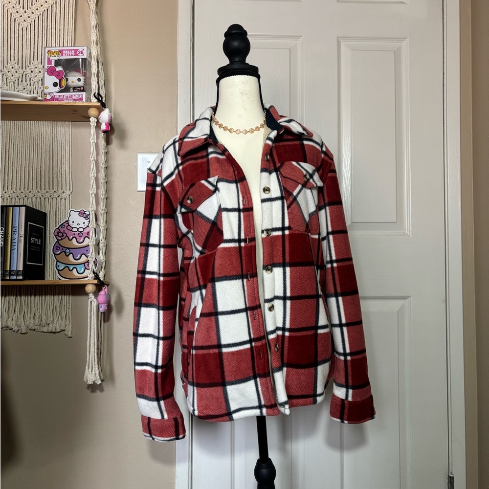 Red, black, and white plaid jacket
